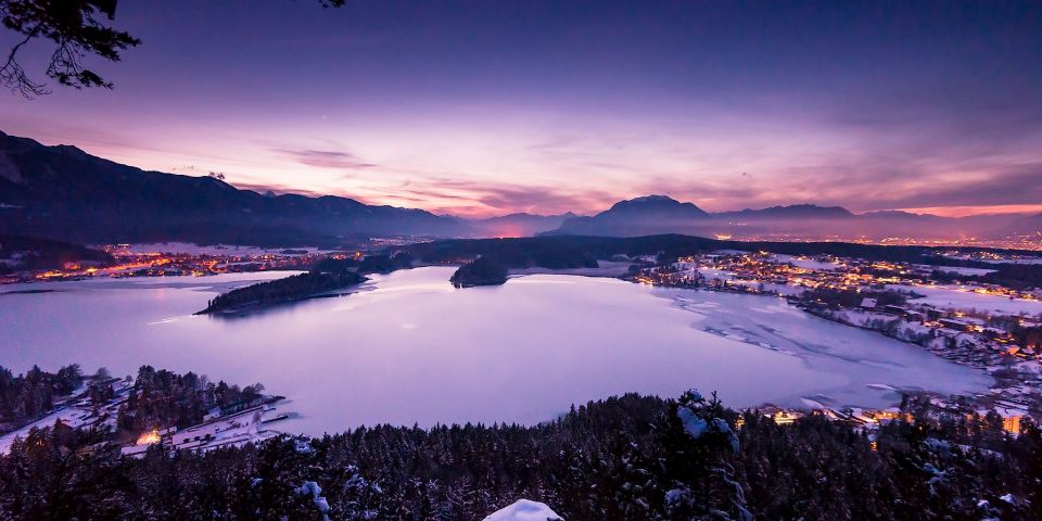 View from viewing point Taborhöhe down at Lake Faaker See in winter.